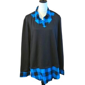 DJT Top Shirt 2 in One Women's 2XL Blue Black Plaid Pullover Long Sleeves